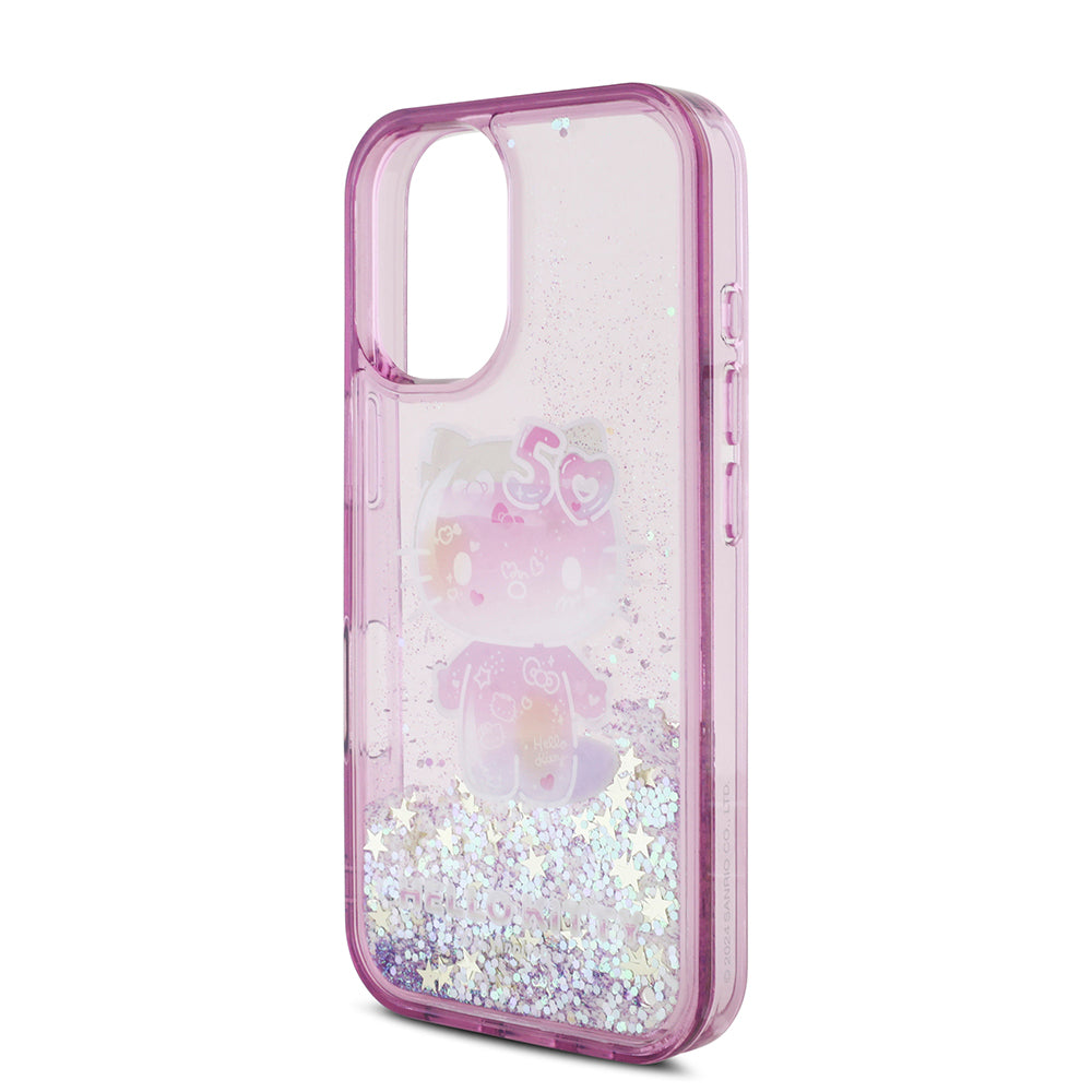 iPhone 16 Kılıf Hello Kitty Orijinal Lisanslı Sıvılı Simli 50. Yıldönümü Partisi Kılıf
