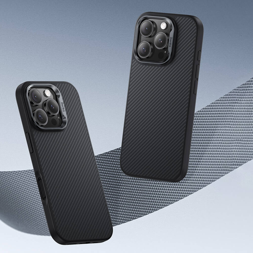 iPhone 16 Kılıf Karbon Fiber M-safe Şarj Özellikli Benks Hybrid ArmorPro 600D Kevlar Kılıf
