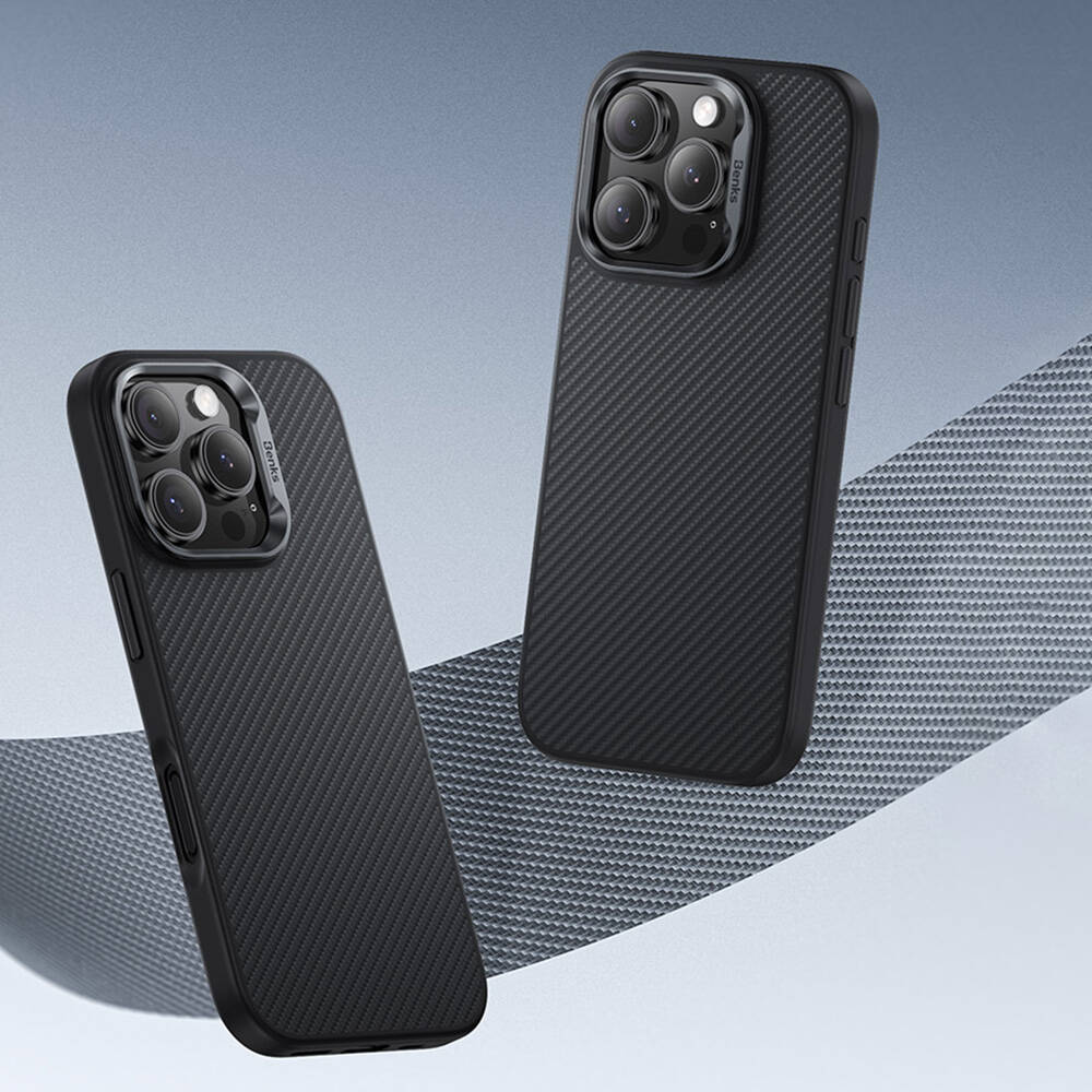 iPhone 16 Kılıf Karbon Fiber M-safe Şarj Özellikli Benks Hybrid ArmorPro 600D Kevlar Kılıf