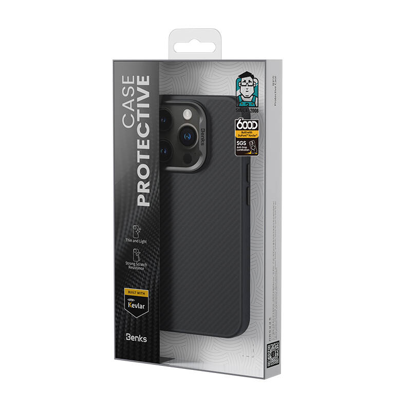iPhone 16 Kılıf Karbon Fiber M-safe Şarj Özellikli Benks Hybrid ArmorPro 600D Kevlar Kılıf
