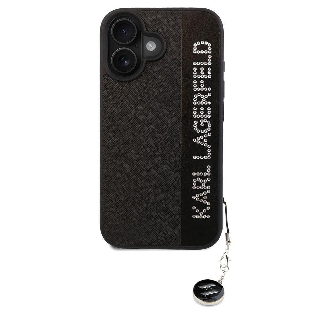 iPhone 16 Kılıf Karl Lagerfeld Orijinal Lisanslı Anahtarlıklı Taşlı KL Yazılı Saffiano Rhinestones Kılıf