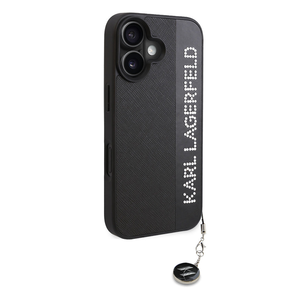 iPhone 16 Kılıf Karl Lagerfeld Orijinal Lisanslı Anahtarlıklı Taşlı KL Yazılı Saffiano Rhinestones Kılıf