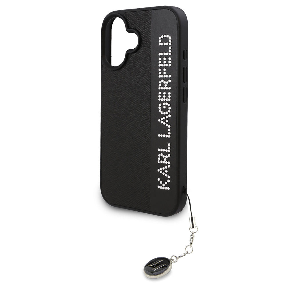 iPhone 16 Kılıf Karl Lagerfeld Orijinal Lisanslı Anahtarlıklı Taşlı KL Yazılı Saffiano Rhinestones Kılıf
