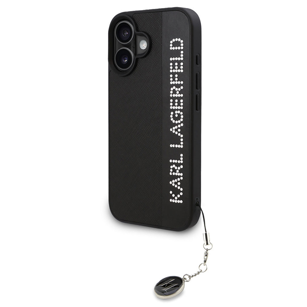 iPhone 16 Kılıf Karl Lagerfeld Orijinal Lisanslı Anahtarlıklı Taşlı KL Yazılı Saffiano Rhinestones Kılıf