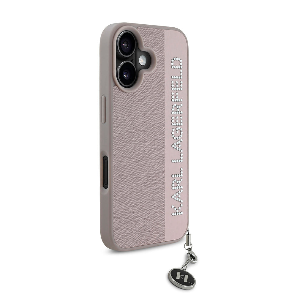 iPhone 16 Kılıf Karl Lagerfeld Orijinal Lisanslı Anahtarlıklı Taşlı KL Yazılı Saffiano Rhinestones Kılıf