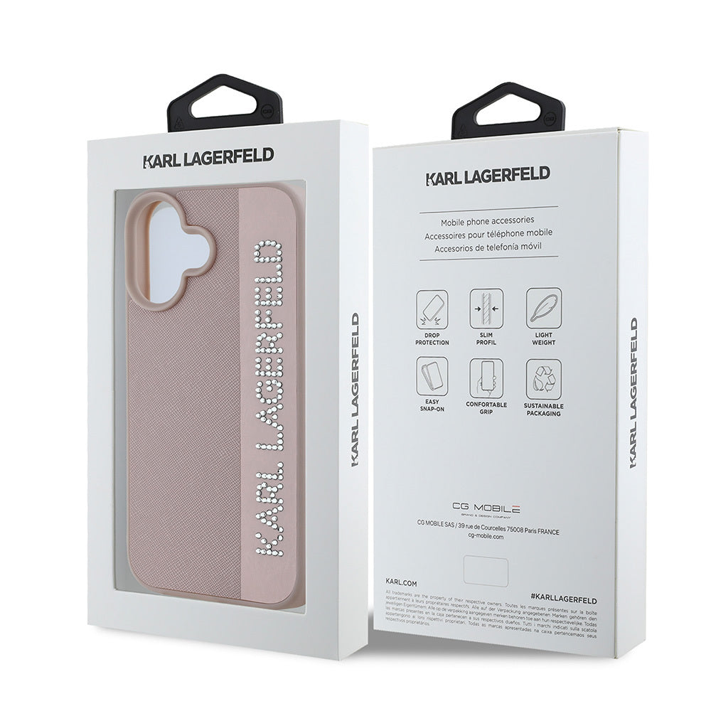 iPhone 16 Kılıf Karl Lagerfeld Orijinal Lisanslı Anahtarlıklı Taşlı KL Yazılı Saffiano Rhinestones Kılıf