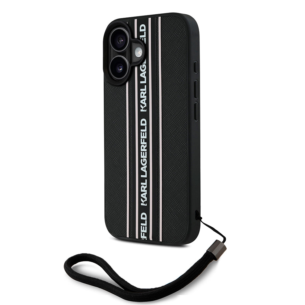 iPhone 16 Kılıf Karl Lagerfeld Orijinal Lisanslı Askılı Saffiano Athleisure Şerit Çizgili Kılıf