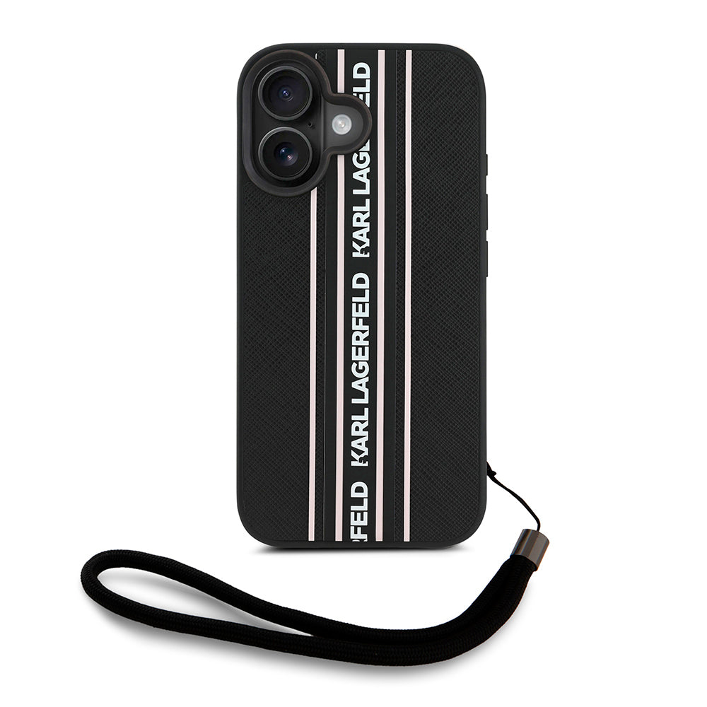 iPhone 16 Kılıf Karl Lagerfeld Orijinal Lisanslı Askılı Saffiano Athleisure Şerit Çizgili Kılıf