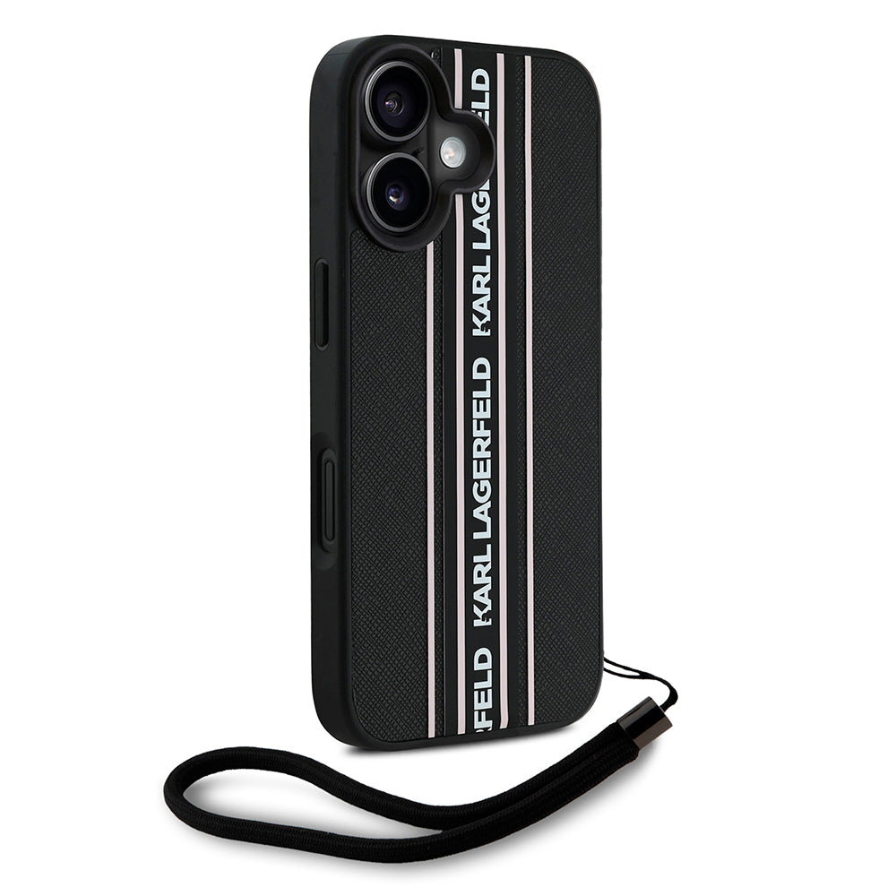 iPhone 16 Kılıf Karl Lagerfeld Orijinal Lisanslı Askılı Saffiano Athleisure Şerit Çizgili Kılıf