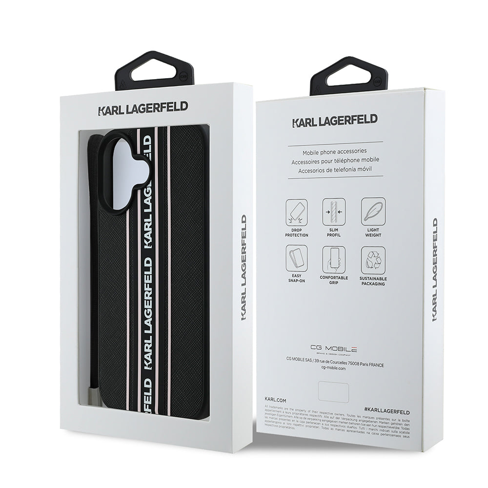 iPhone 16 Kılıf Karl Lagerfeld Orijinal Lisanslı Askılı Saffiano Athleisure Şerit Çizgili Kılıf
