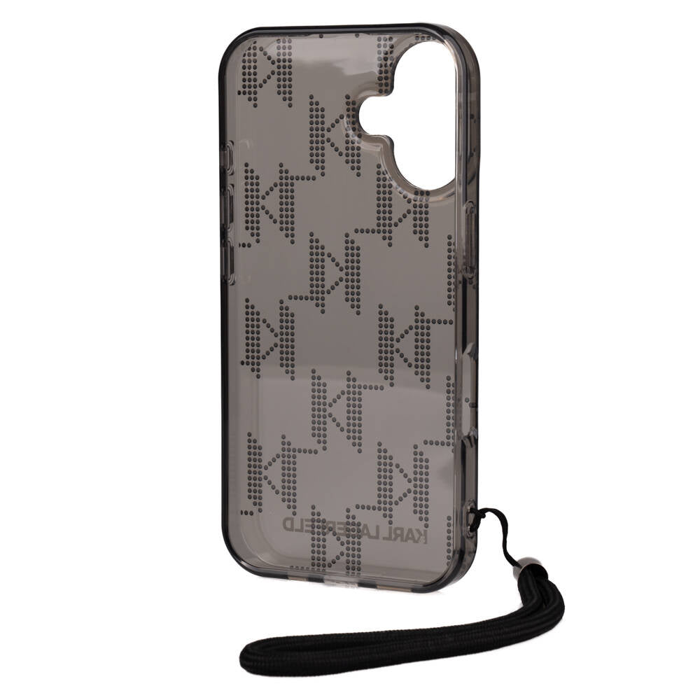 iPhone 16 Kılıf Karl Lagerfeld Orijinal Lisanslı KL Desenli Saydam Bilek Askı İpli Klasik Logolu Kılıf