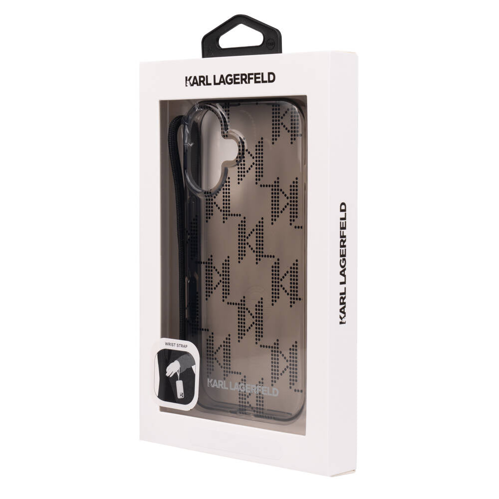 iPhone 16 Kılıf Karl Lagerfeld Orijinal Lisanslı KL Desenli Saydam Bilek Askı İpli Klasik Logolu Kılıf
