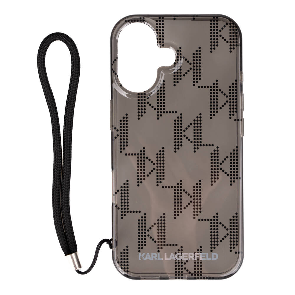 iPhone 16 Kılıf Karl Lagerfeld Orijinal Lisanslı KL Desenli Saydam Bilek Askı İpli Klasik Logolu Kılıf