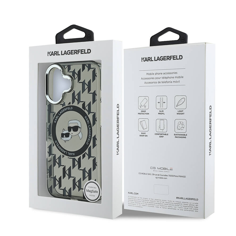 iPhone 16 Kılıf Karl Lagerfeld Orijinal Lisanslı M-safe Şarj Özellikli IML Baskılı Metal Monogram KC Heads Kılıf