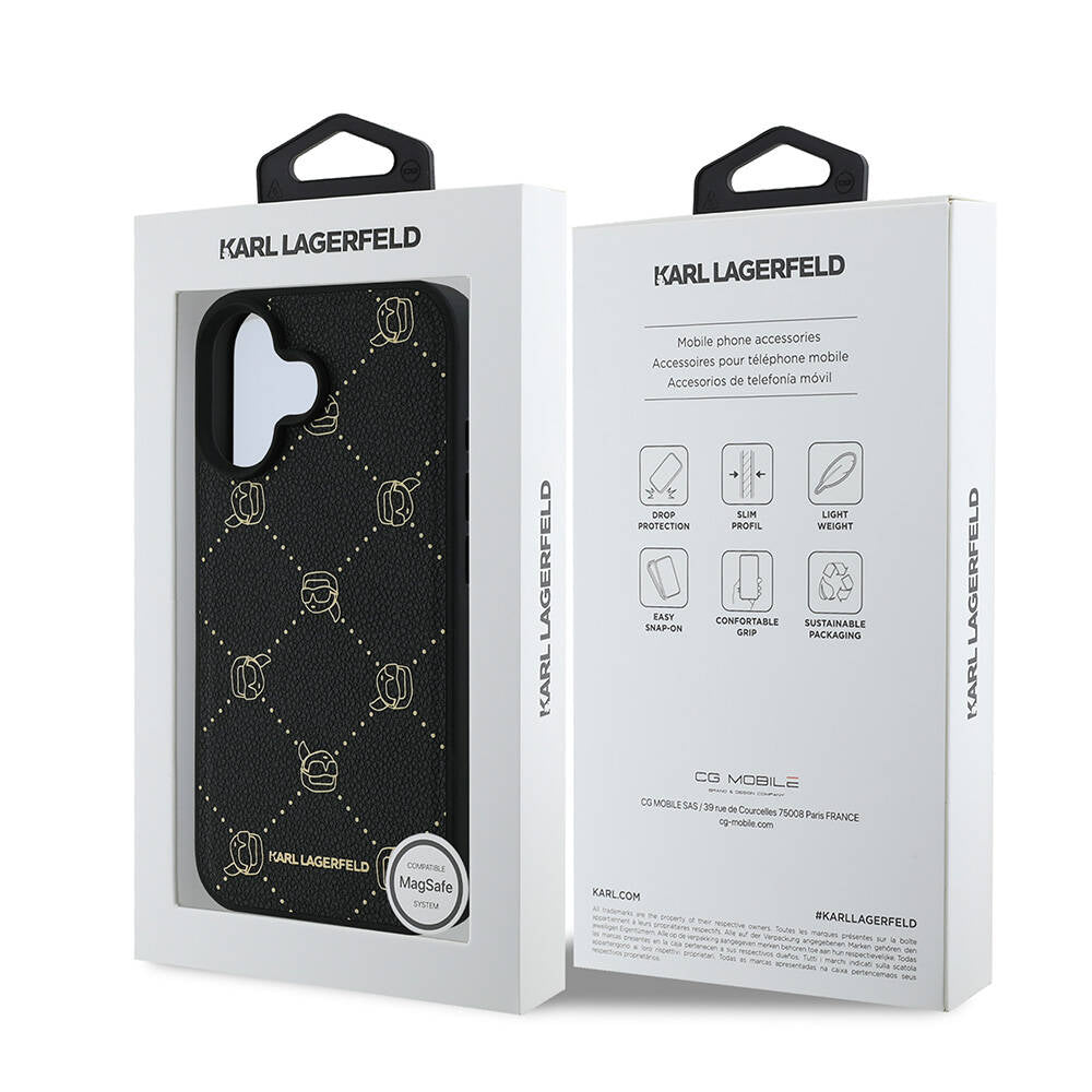 iPhone 16 Kılıf Karl Lagerfeld Orijinal Lisanslı M-safe Şarj Özellikli PU Deri Karl Heads Desenli Klasik Logolu Kılıf