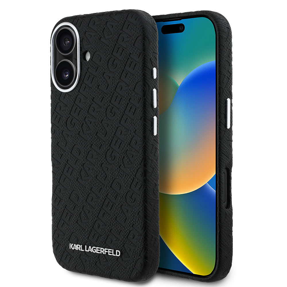 iPhone 16 Kılıf Karl Lagerfeld Orijinal Lisanslı PU Deri Damgalı Metal Yazı Logolu Kılıf