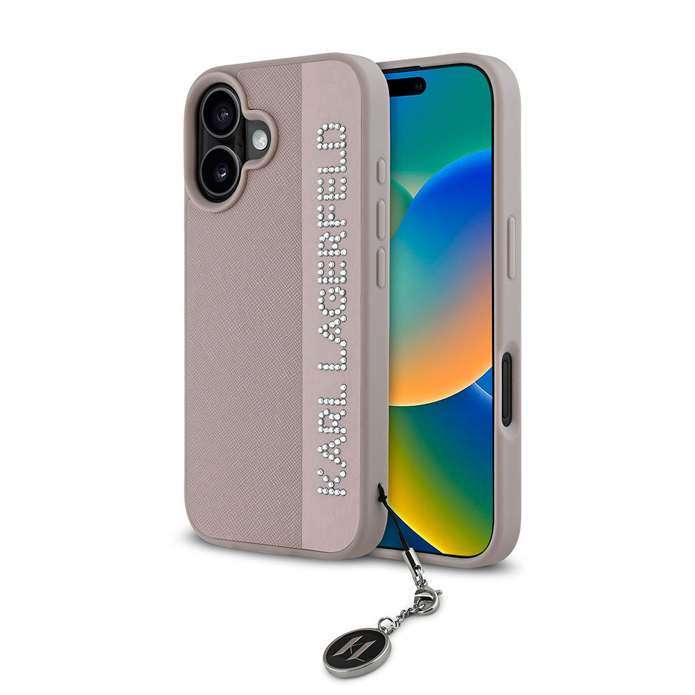 iPhone 16 Kılıf Karl Lagerfeld orijinal Lisanslı Anahtarlıklı Taşlı KL Yazılı Saffiano Rhinestones Kılıf