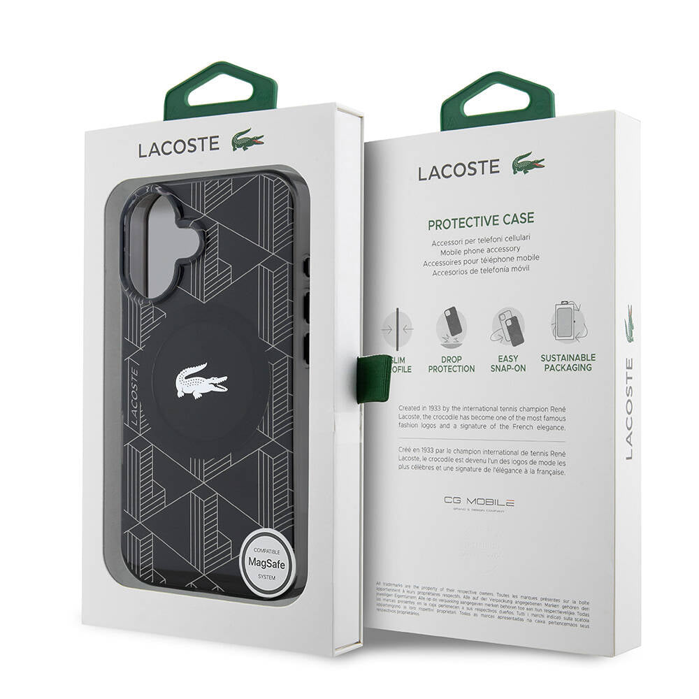 iPhone 16 Kılıf Lacoste Orijinal Lisanslı M-safe Şarj Özellikli IML Baskılı Gümüş Timsah Logolu Monogram Kılıf