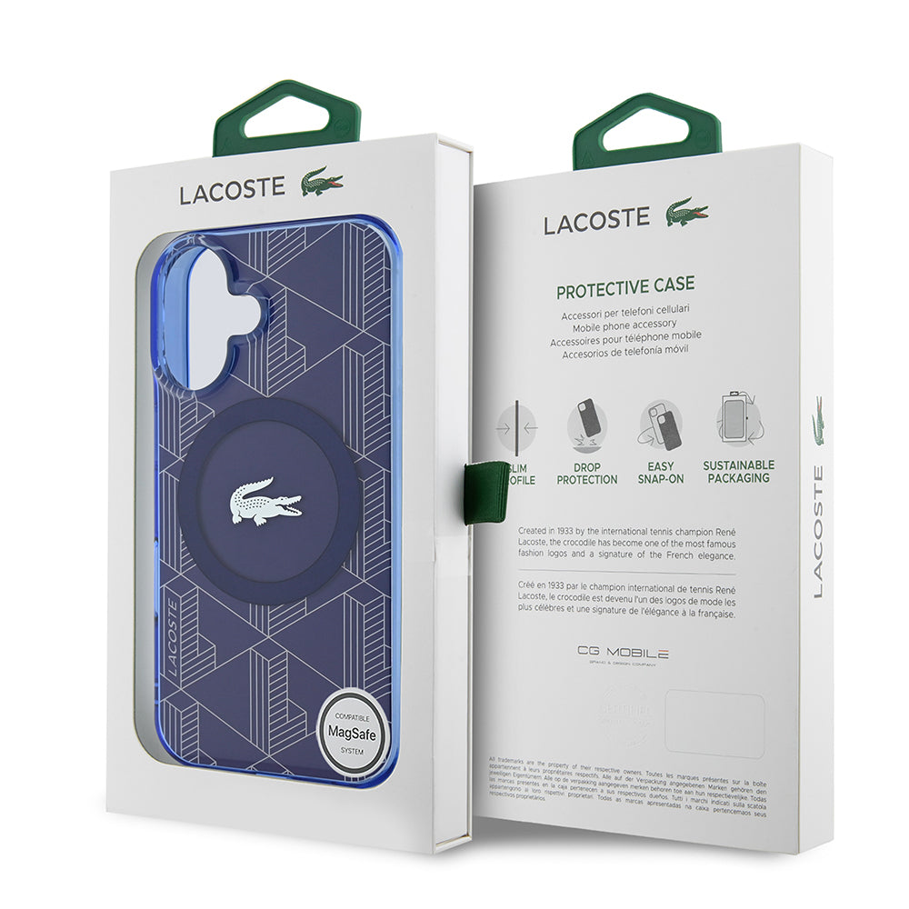 iPhone 16 Kılıf Lacoste Orijinal Lisanslı M-safe Şarj Özellikli IML Baskılı Gümüş Timsah Logolu Monogram Kılıf