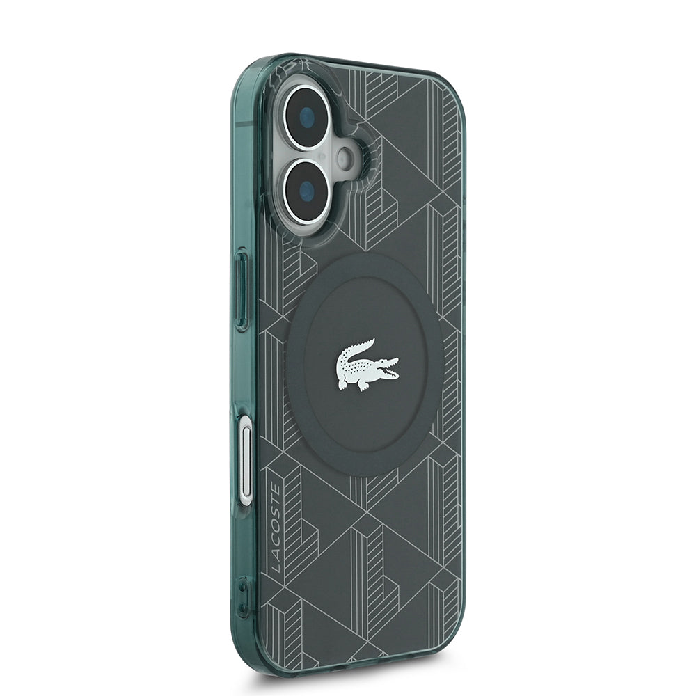 iPhone 16 Kılıf Lacoste Orijinal Lisanslı M-safe Şarj Özellikli IML Baskılı Gümüş Timsah Logolu Monogram Kılıf