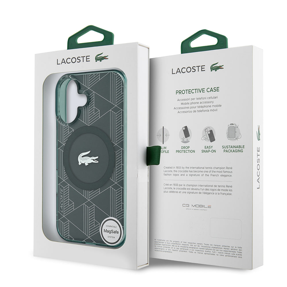 iPhone 16 Kılıf Lacoste Orijinal Lisanslı M-safe Şarj Özellikli IML Baskılı Gümüş Timsah Logolu Monogram Kılıf