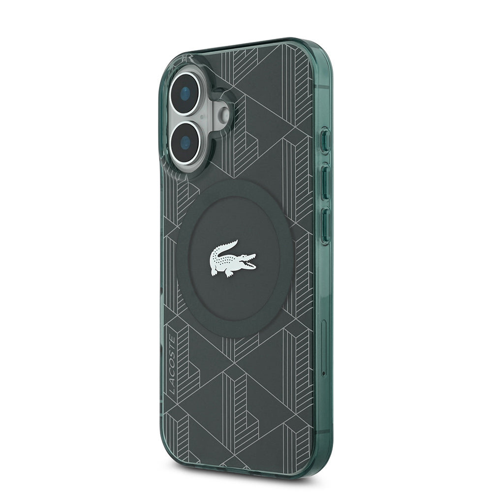 iPhone 16 Kılıf Lacoste orijinal Lisanslı M-safe Şarj Özellikli IML Baskılı Gümüş Timsah Logolu Monogram Kılıf