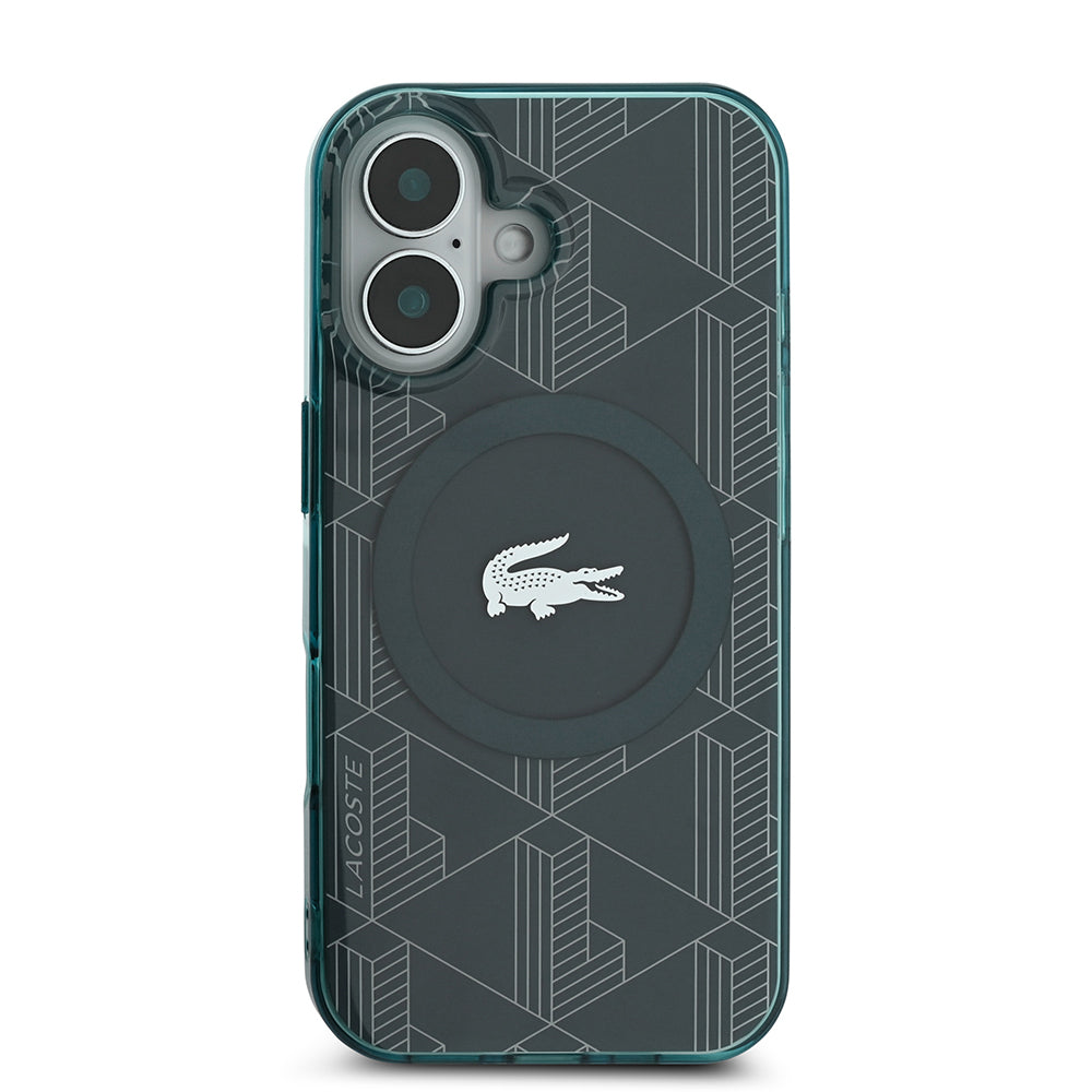 iPhone 16 Kılıf Lacoste orijinal Lisanslı M-safe Şarj Özellikli IML Baskılı Gümüş Timsah Logolu Monogram Kılıf