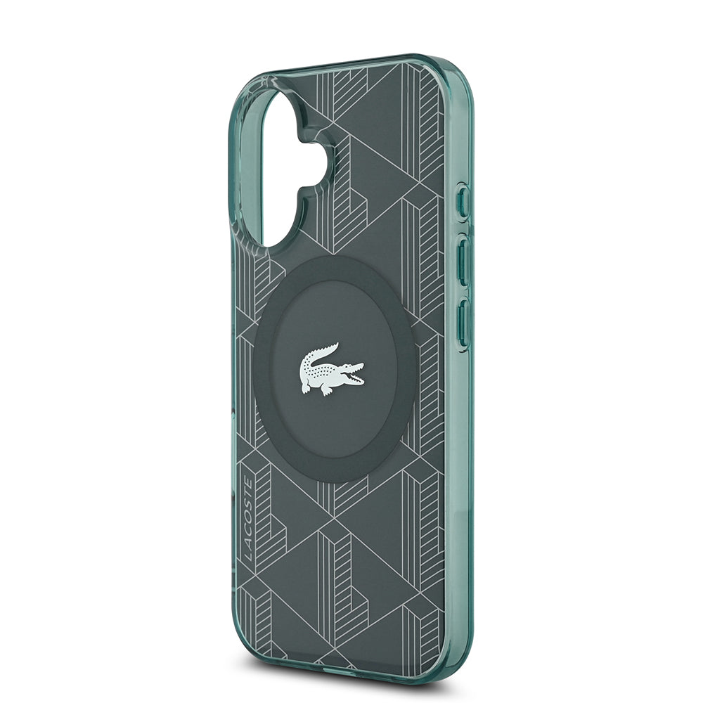 iPhone 16 Kılıf Lacoste orijinal Lisanslı M-safe Şarj Özellikli IML Baskılı Gümüş Timsah Logolu Monogram Kılıf