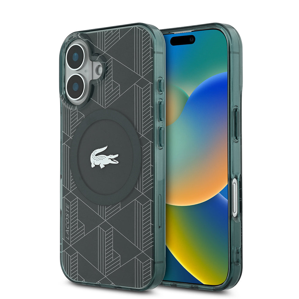 iPhone 16 Kılıf Lacoste orijinal Lisanslı M-safe Şarj Özellikli IML Baskılı Gümüş Timsah Logolu Monogram Kılıf