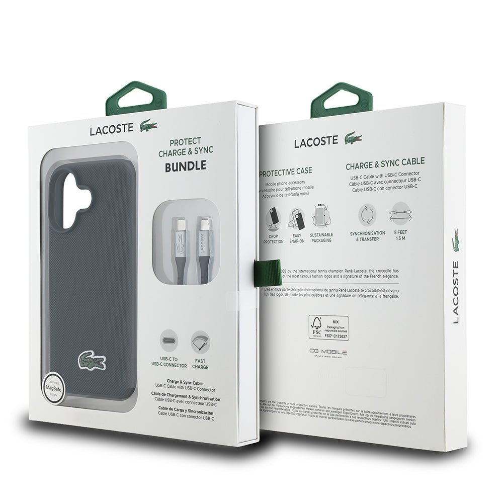 iPhone 16 Kılıf Lacoste orijinal Lisanslı PU Pike Desenli Arka Yüzey İkonik Timsah Dokuma Logolu Kılıf + Type-C Kablo 1.5m