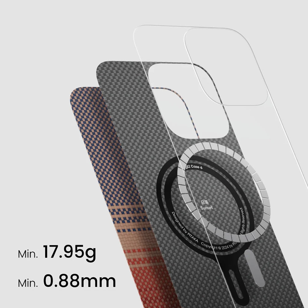 iPhone 16 Kılıf M-safe Şarj Özellikli Aramid Karbon Fiber Pitaka Tactile Woven Sunset-Moonrise Serisi Sunset Kılıf