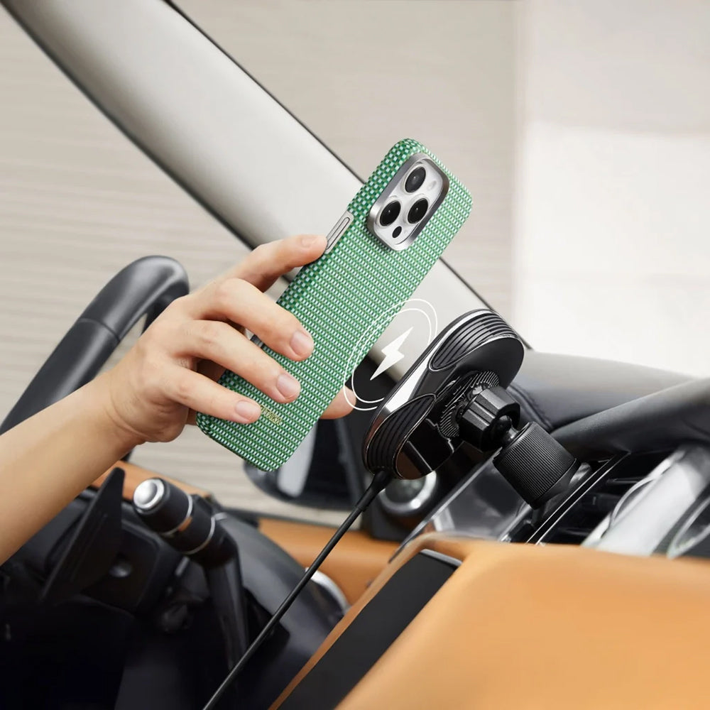 iPhone 16 Kılıf M-safe Şarj Özellikli Aramid Karbon Fiber Pitaka Ultra-Slim Classic Serisi Forest Green Kılıf