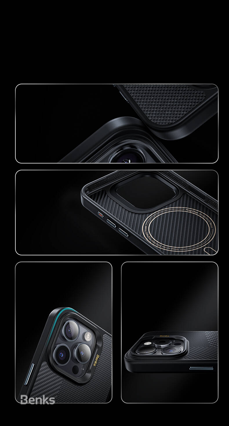 iPhone 16 Kılıf M-safe Şarj Özellikli Karbon Fiber Benks Montage Hybrid ArmorPro Kevlar Kılıf