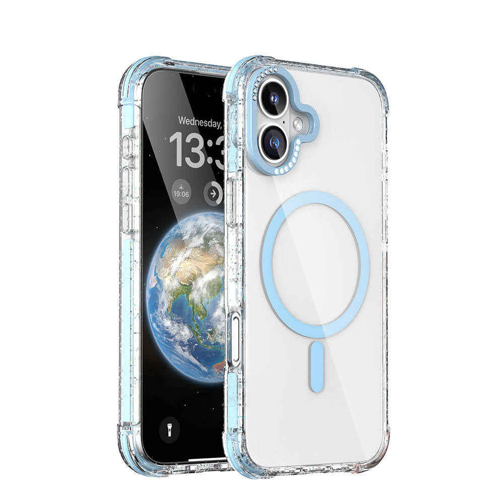 iPhone 16 Kılıf M-safe Şarj Özellikli Taşlı ve Simli Tasarım Mutural Blink Kılıf