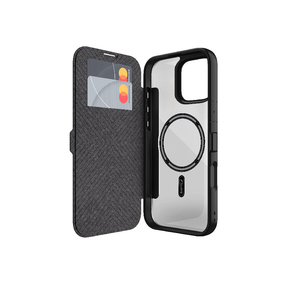 iPhone 16 Kılıf M-safe Şarj Özellikli Vegan Deri Tasarımlı Şeffaf Arka Yüzey Kartlıklı Raptic Urban Folio Serisi Kılıf