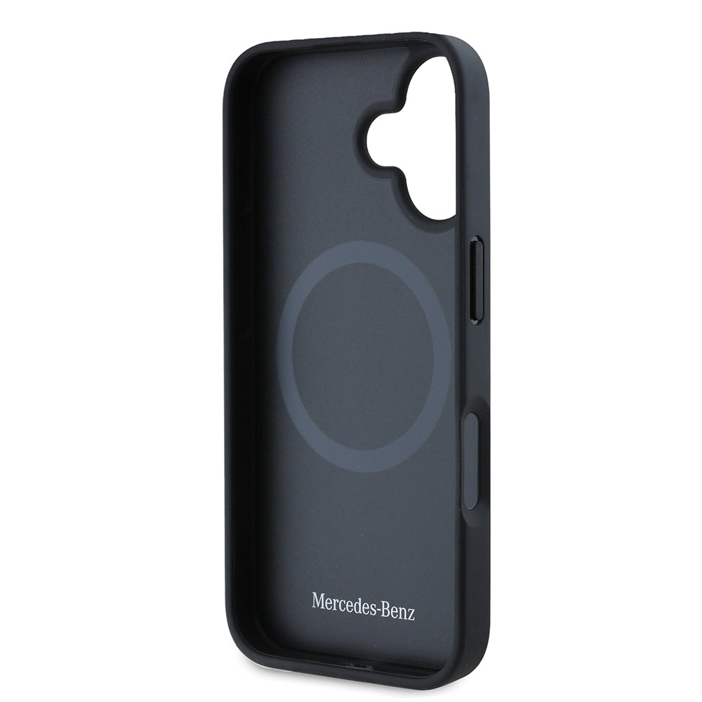 iPhone 16 Kılıf Mercedes Benz Orijinal Lisanslı M-safe Şarj Özellikli 3D Metal Logolu Mavi Dikey Eğri Çizgili Deri Kılıf