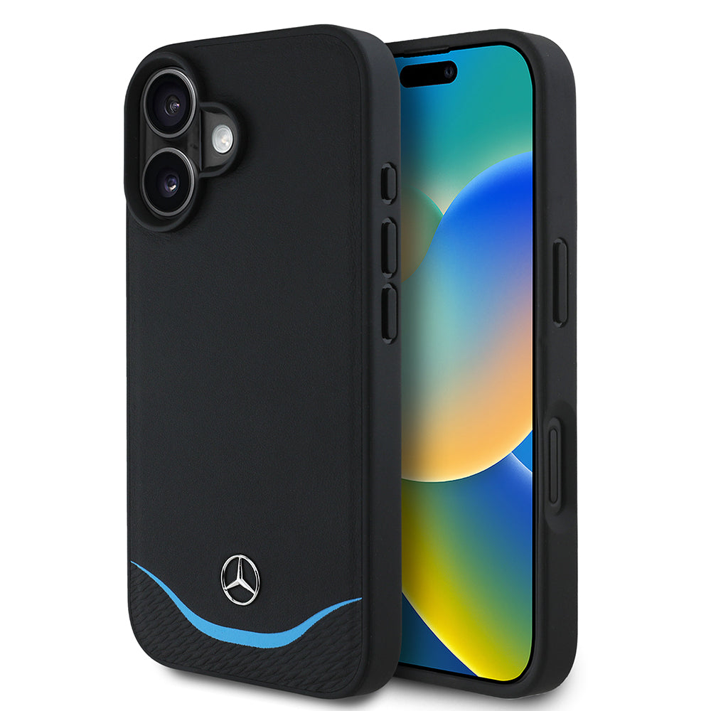 iPhone 16 Kılıf Mercedes Benz Orijinal Lisanslı M-safe Şarj Özellikli 3D Metal Logolu Mavi Yatay Eğri Çizgili Deri Kılıf