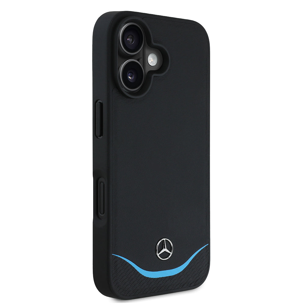 iPhone 16 Kılıf Mercedes Benz Orijinal Lisanslı M-safe Şarj Özellikli 3D Metal Logolu Mavi Yatay Eğri Çizgili Deri Kılıf