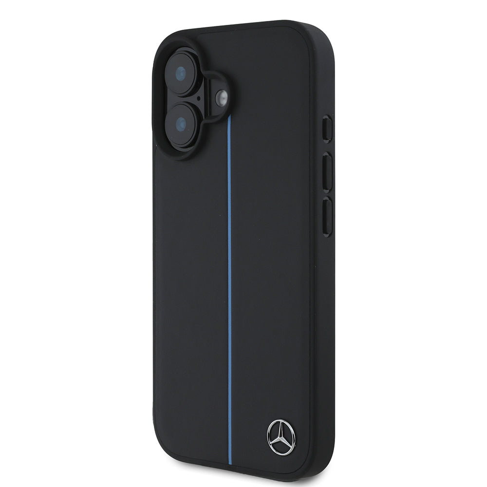 iPhone 16 Kılıf Mercedes Benz Orijinal Lisanslı M-safe Şarj Özellikli Metal Yıldız Logolu Mavi Çizgili Deri Kılıf