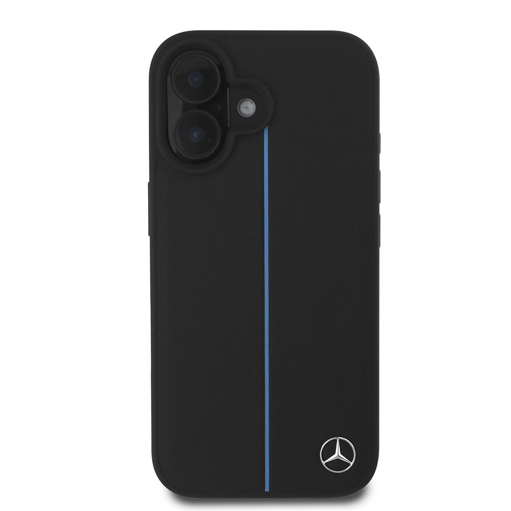 iPhone 16 Kılıf Mercedes Benz Orijinal Lisanslı M-safe Şarj Özellikli Metal Yıldız Logolu Mavi Çizgili Deri Kılıf