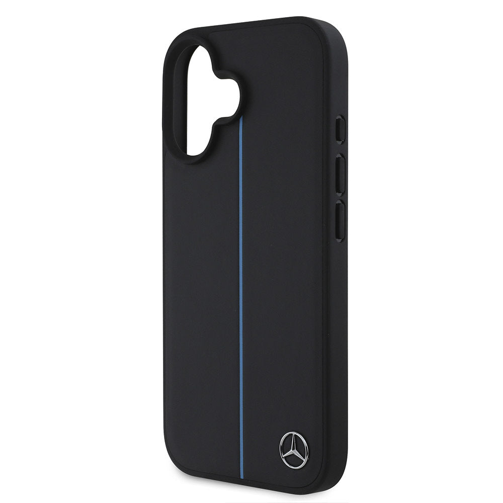iPhone 16 Kılıf Mercedes Benz Orijinal Lisanslı M-safe Şarj Özellikli Metal Yıldız Logolu Mavi Çizgili Deri Kılıf