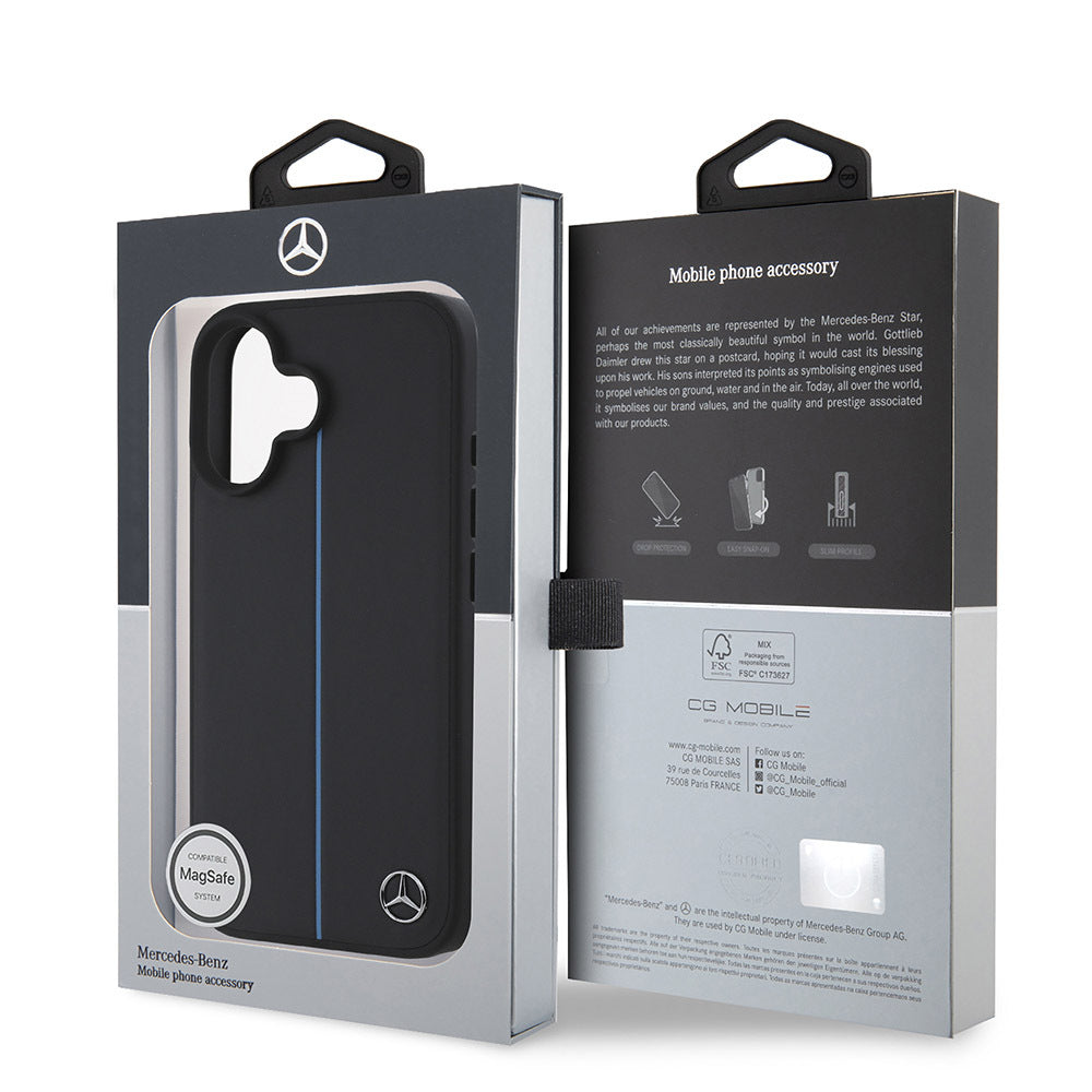 iPhone 16 Kılıf Mercedes Benz Orijinal Lisanslı M-safe Şarj Özellikli Metal Yıldız Logolu Mavi Çizgili Deri Kılıf