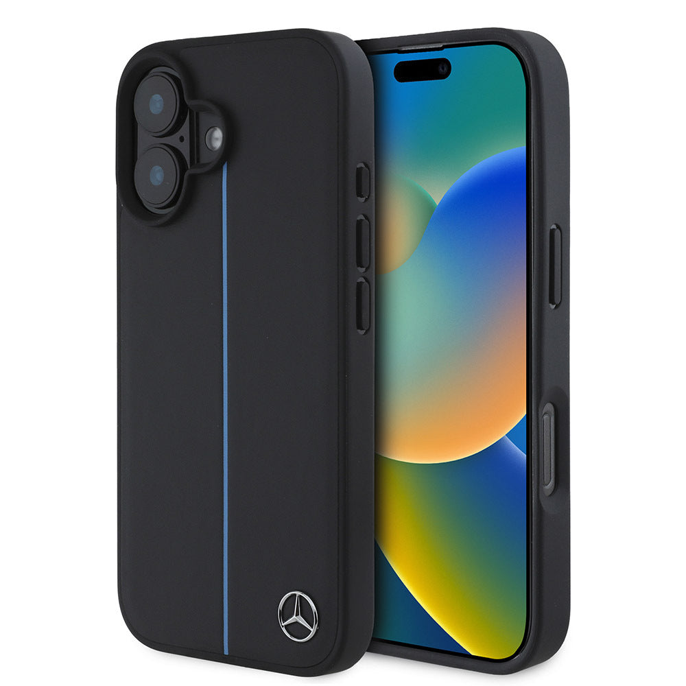 iPhone 16 Kılıf Mercedes Benz Orijinal Lisanslı M-safe Şarj Özellikli Metal Yıldız Logolu Mavi Çizgili Deri Kılıf