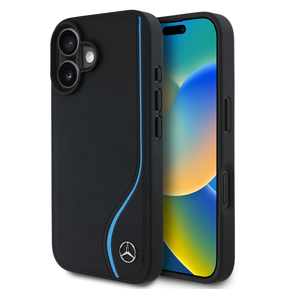 iPhone 16 Kılıf Mercedes Benz orijinal Lisanslı M-safe Şarj Özellikli 3D Metal Logolu Mavi Dikey Eğri Çizgili Deri Kılıf