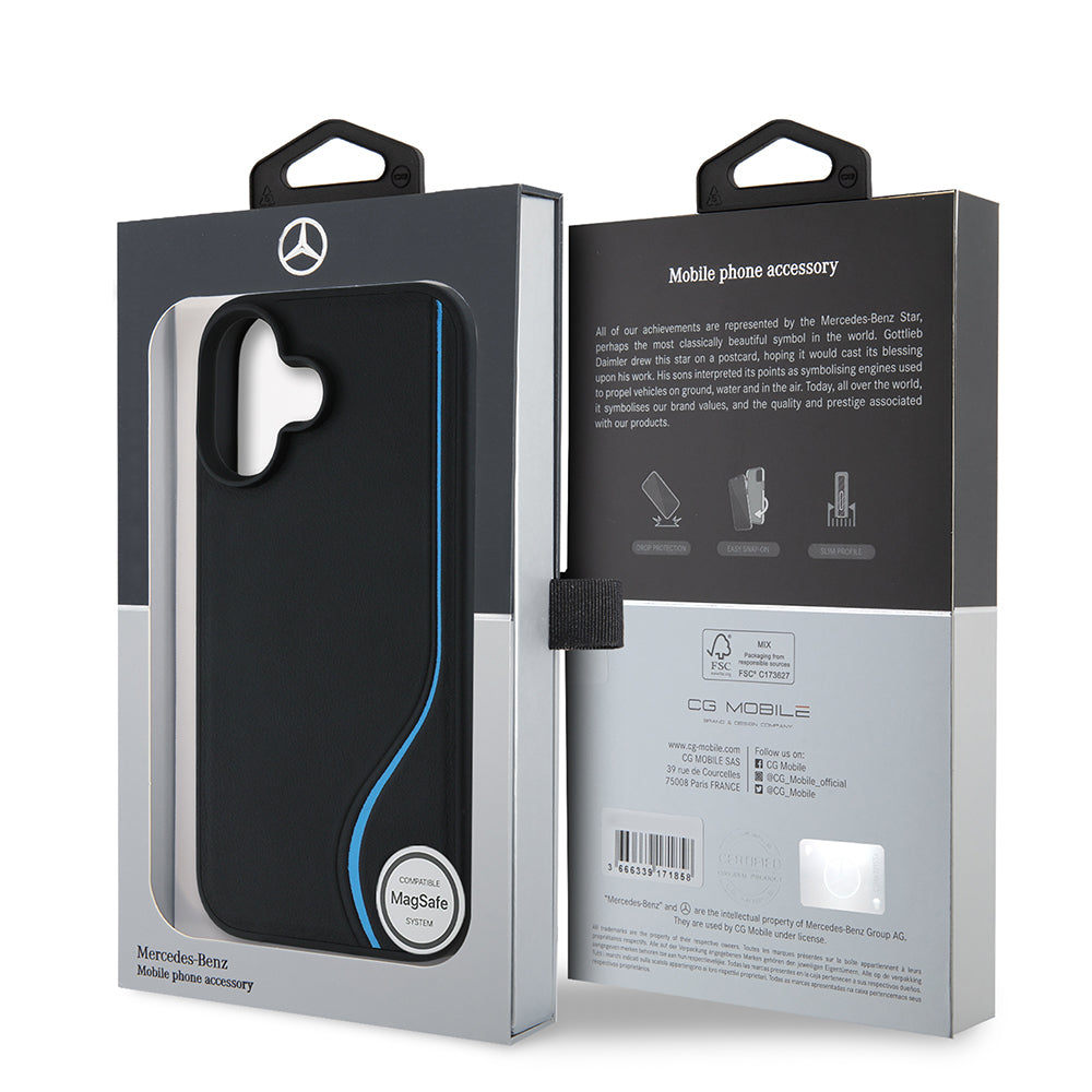iPhone 16 Kılıf Mercedes Benz orijinal Lisanslı M-safe Şarj Özellikli 3D Metal Logolu Mavi Dikey Eğri Çizgili Deri Kılıf