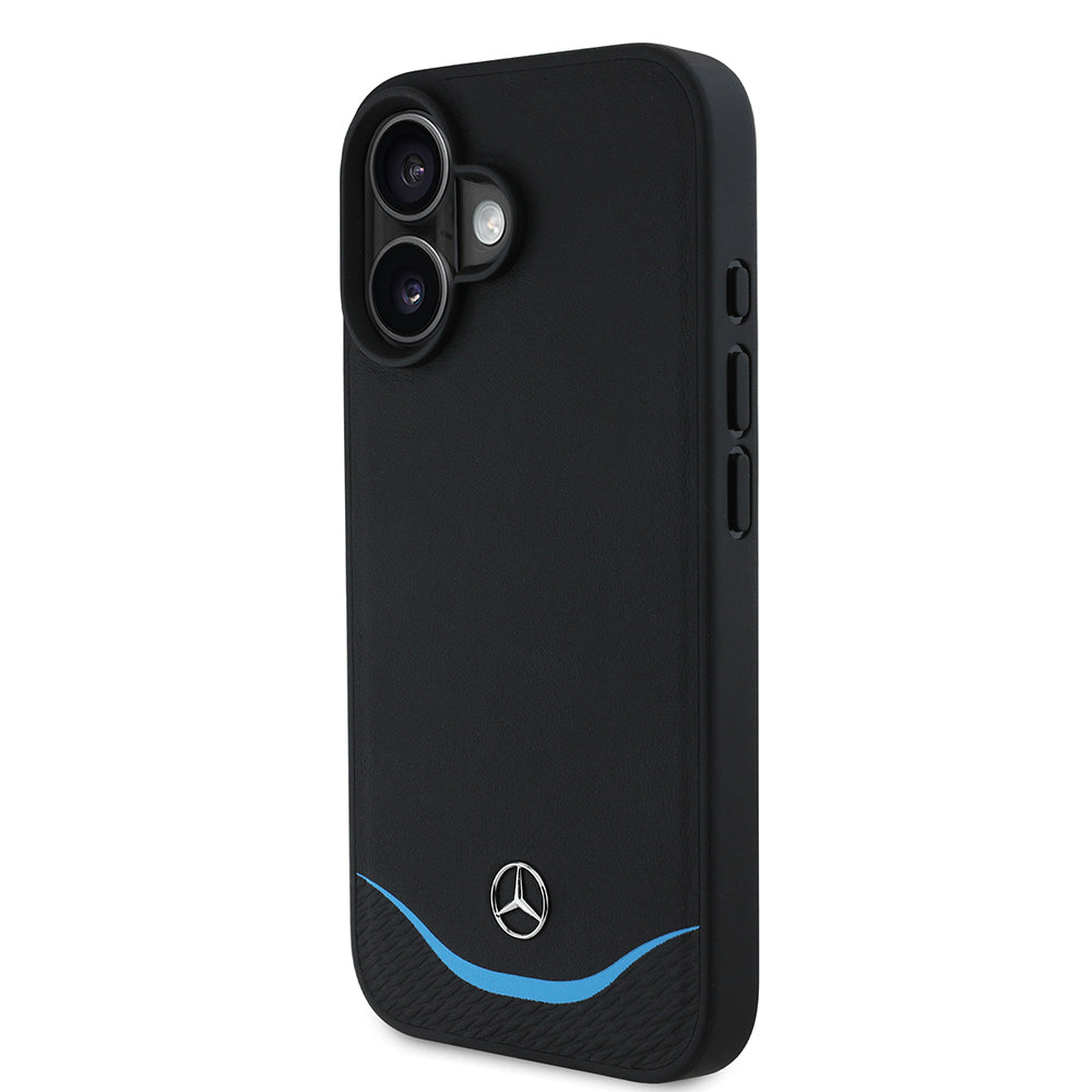 iPhone 16 Kılıf Mercedes Benz OrijinalLisanslı M-safe Şarj Özellikli 3D Metal Logolu Mavi Yatay Eğri Çizgili Deri Kılıf