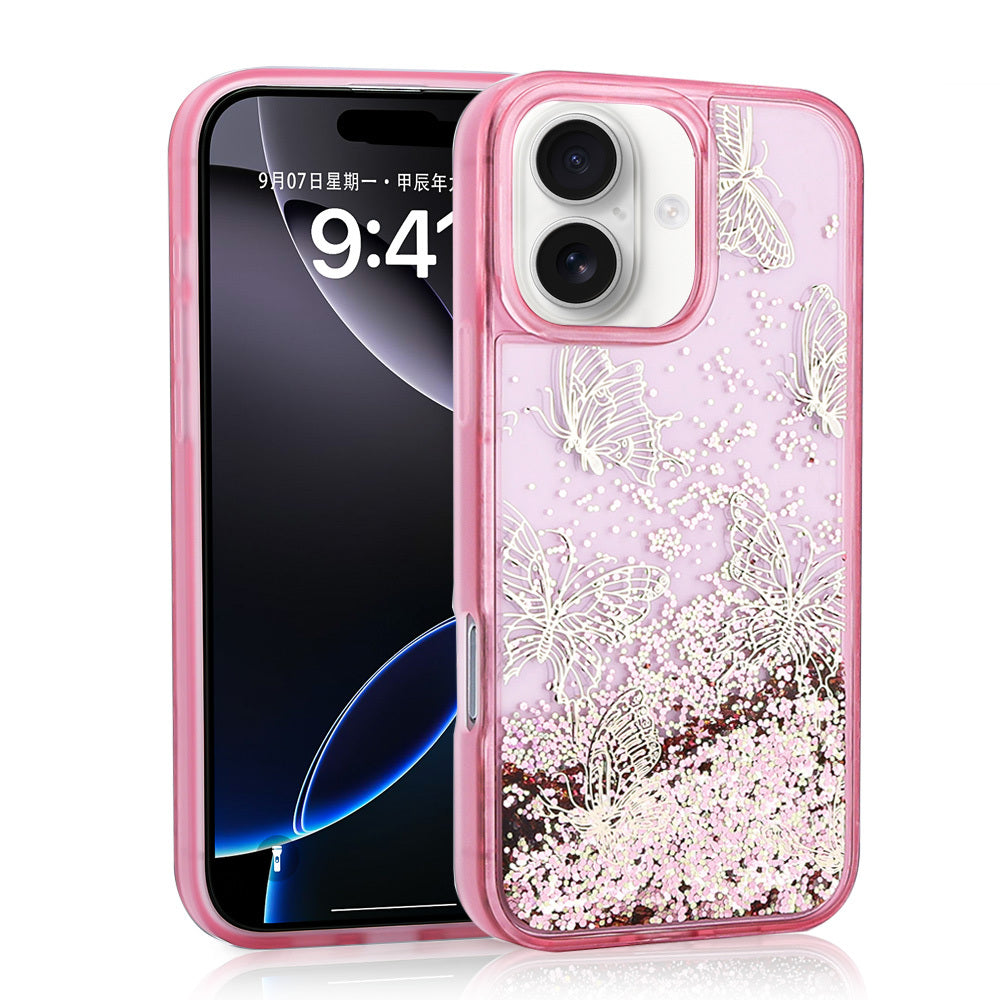 iPhone 16 Kılıf Sıvılı Simli Kelebek Baskılı Şeffaf Arka Yüzey Zore Glis Silikon Kılıf
