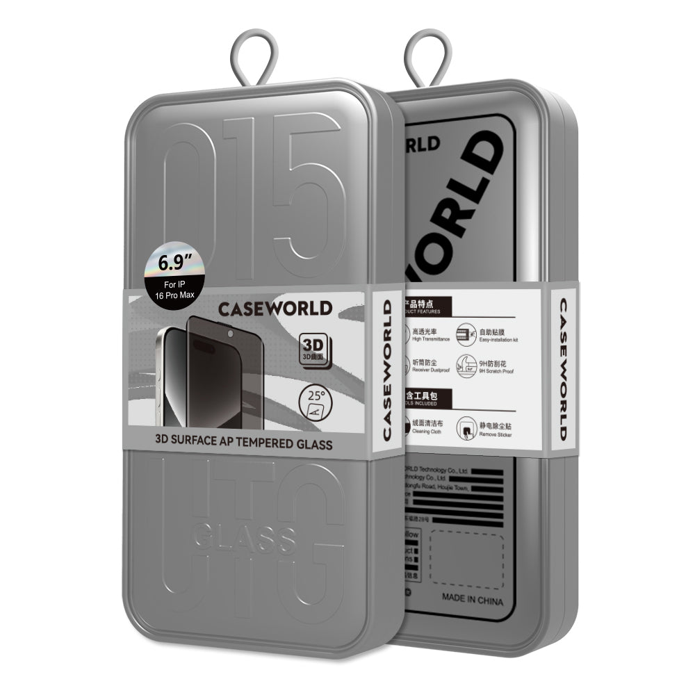 iPhone 16 Plus CaseWorld 0.25mm Privacy 3D Temperli Cam Ekran Koruyucu + Uygulama Aparatlı