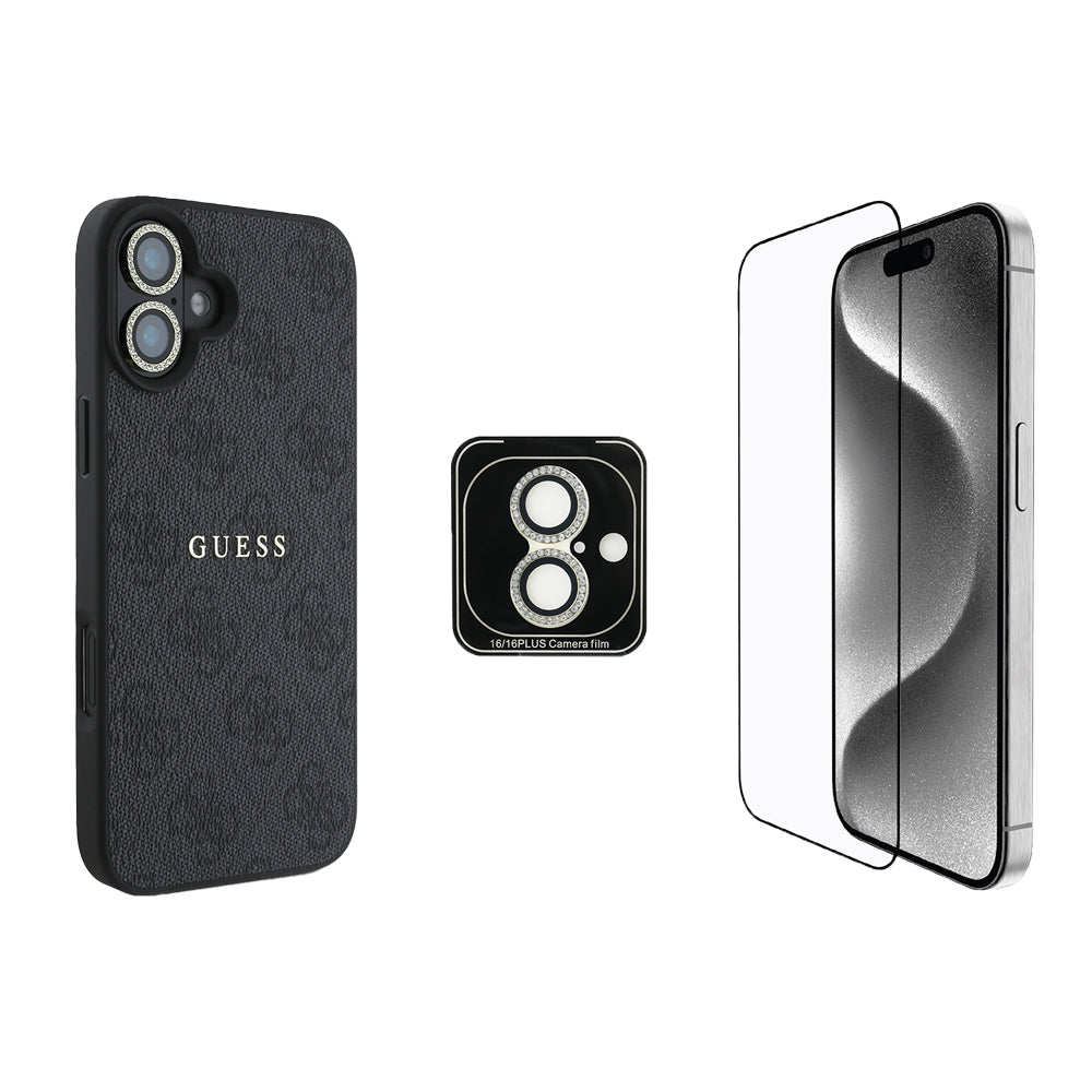 iPhone 16 Plus Guess Orijinal Lisanslı Kılıf + Ekran Koruyucu + Lens Koruyucu 3in1 Aksesuar Seti