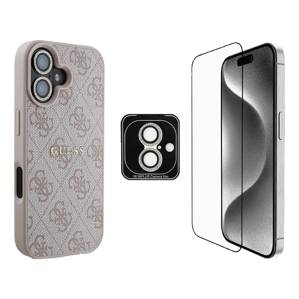iPhone 16 Plus Guess Orijinal Lisanslı Kılıf + Ekran Koruyucu + Lens Koruyucu 3in1 Aksesuar Seti